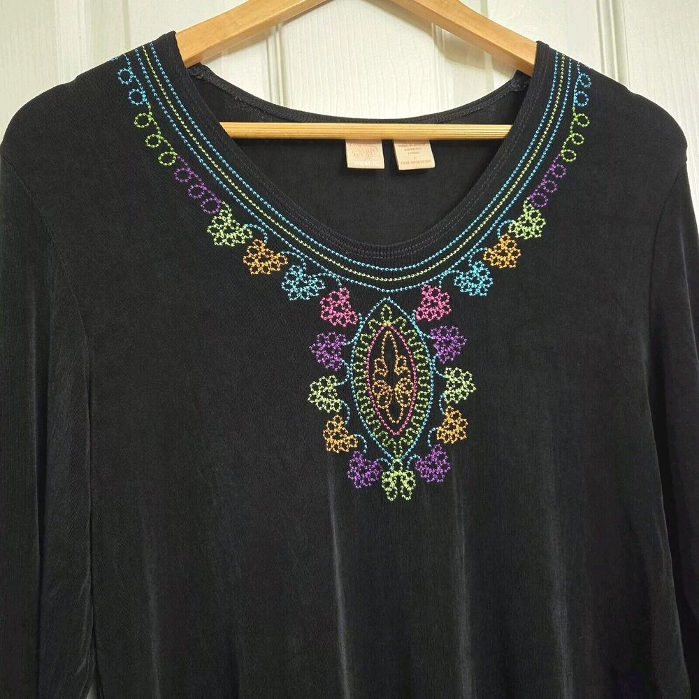 Wear It Colorful Embroidered Slinky Acetate Top 3/4 Sleeve Boho Travel Sz 2 (M)